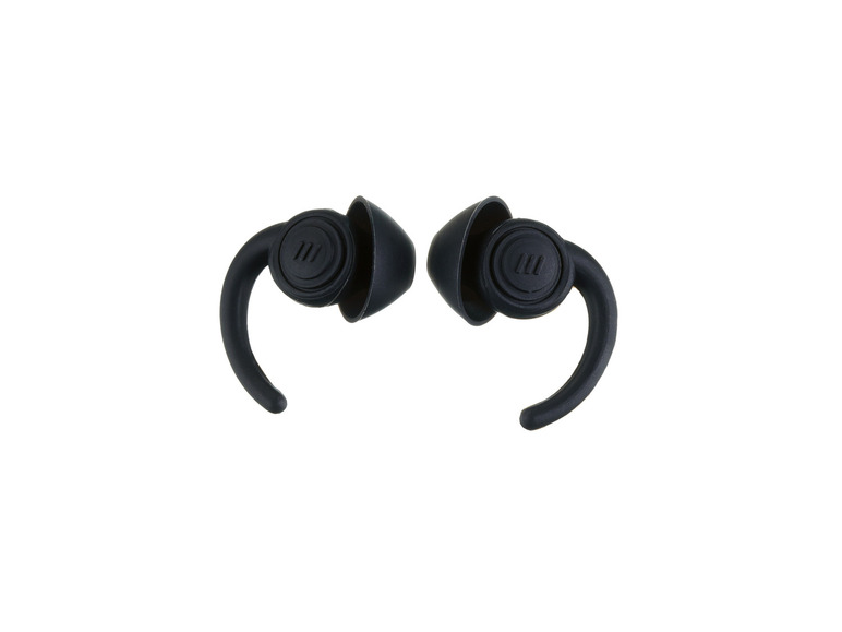 Twee zwarte oordopjes met een haakje