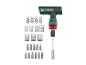 Gereedschapsset met T-handvat ratelsleutel, doppen en bits.
