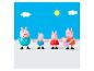 Peppa Pig familiefiguren hand in hand onder een blauwe lucht met wolken en zon.
