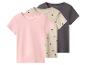 Drie T-shirts met korte mouwen: roze, beige met hartjes en donkergrijs.