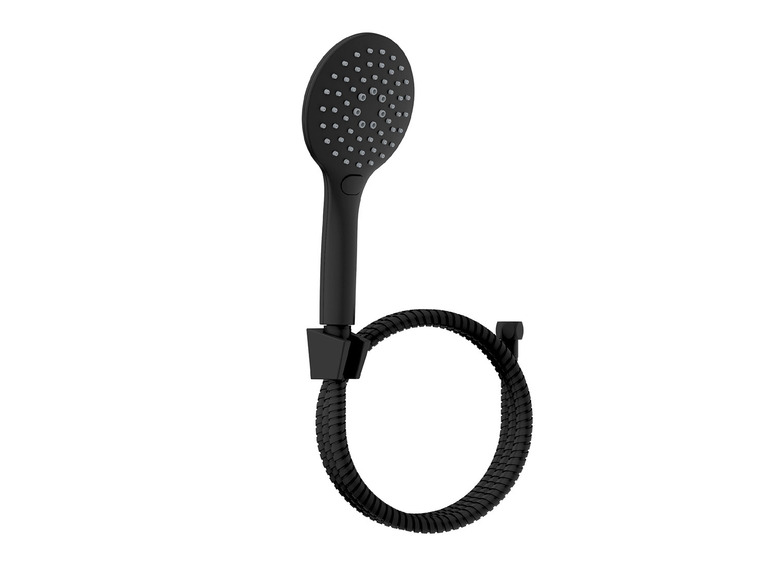 Een zwarte douchekop met een flexibele slang.