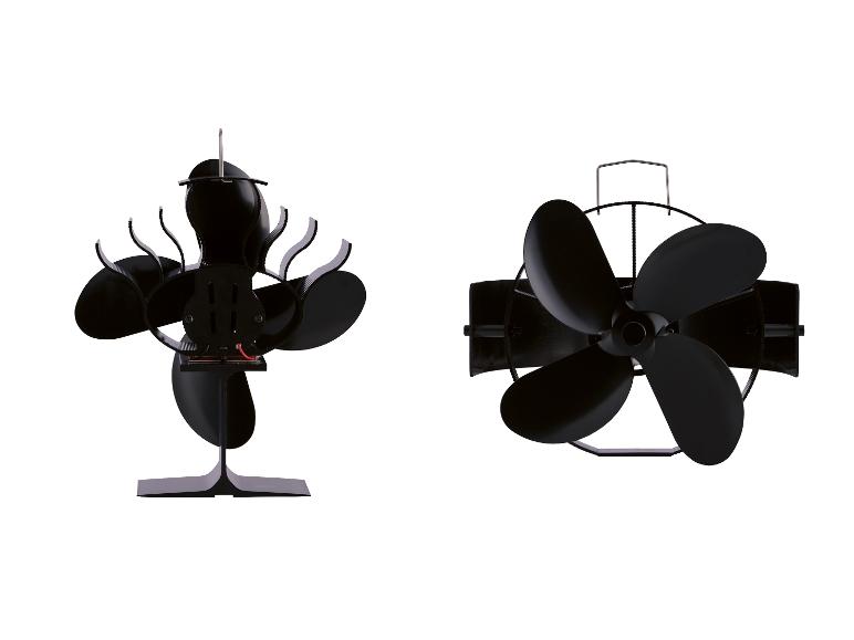 Twee zwarte, warmte-aangedreven kachelventilatoren met verschillende blad- en basisontwerpen.