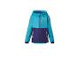 Tweekleurig kinderjack in turquoise en paars met de tekst 'GO OUTSIDE & EXPLORE'.