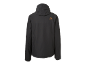Donkergrijze herenjas met capuchon en oranje logo op de rug.
