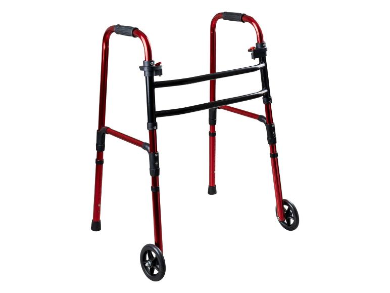 Rood-zwart opvouwbaar looprek met voorwielen.