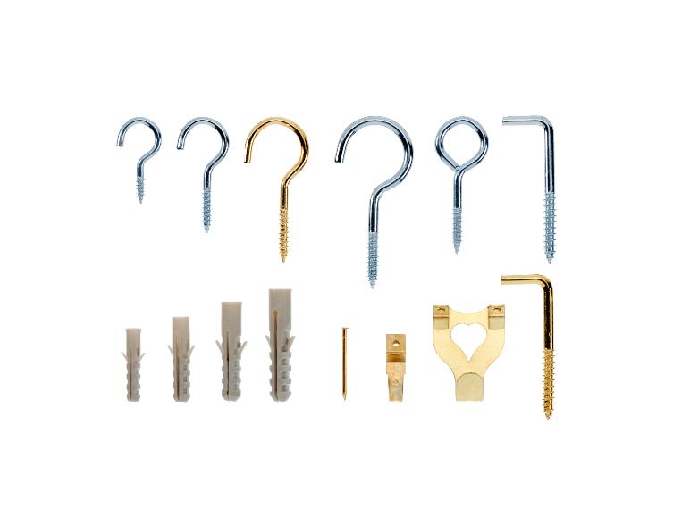 Haakjes, schroeven, pluggen en wandbevestigingen: bevestigingsmateriaal.