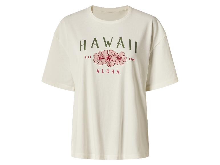 Crèmekleurig T-shirt met 'HAWAII EST. 1959 ALOHA' tekst en roze hibiscusbloemen