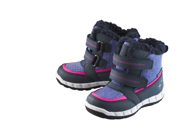 Kinderwinterlaarzen in blauw en roze, met bontvoering en klittenbandsluitingen.