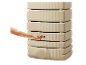 Beige regenwatertank met kraan.