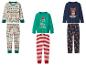 Drie sets kinderkerstpyjama's, met feestelijke patronen en personages.