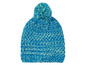 Een blauwe gebreide muts met pompon.