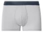 Witte herenboxershorts met een donkerblauwe tailleband en lichte strepen.