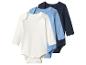 Drie babyrompertjes: wit, lichtblauw en donkerblauw, met lange mouwen.