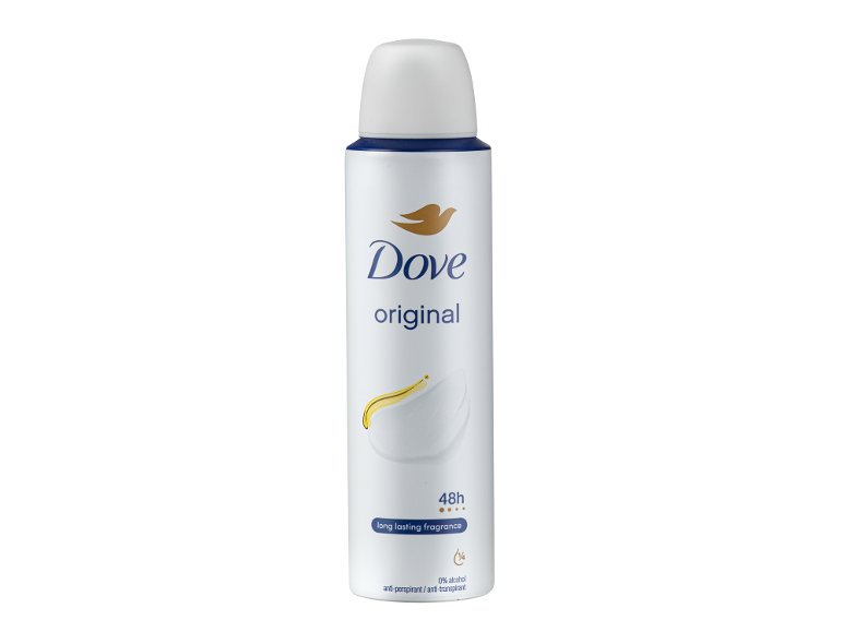 Witte deodorant spray met de tekst 'original' en 48 uur bescherming.
