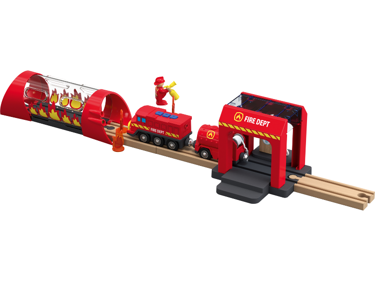 Brandweertreinset met vlammende tunnel, station en figuren.