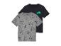 Twee shirts voor kinderen: een grijze met dierenprint, een donkerblauwe met een krokodil.