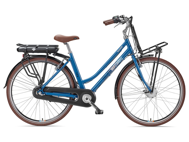 Een blauwe elektrische fiets van het merk 