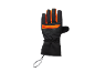 Zwarte en oranje skihandschoen met verstelbare polsband en logo.