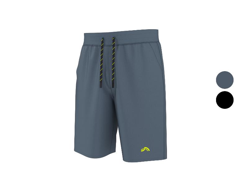 Blauwe sportshorts voor heren met geel-zwart trekkoord en geel logo.