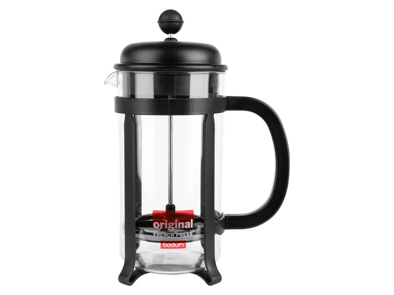 Een zwarte Bodum French Press koffiepot.