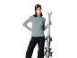 Vrouw in skikleding met ski's, skibril en muts.