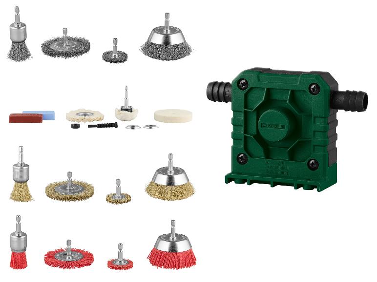 Boormachine accessoires: borstels, polijstschijven en een pomp