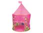 Roze kinderspeeltent in kasteelvorm met bloemen- en vlinderpatronen.