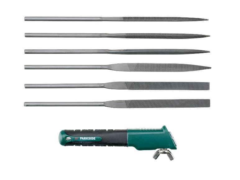 Parkside vijlenset met zes verschillende vijlen en een handvat.