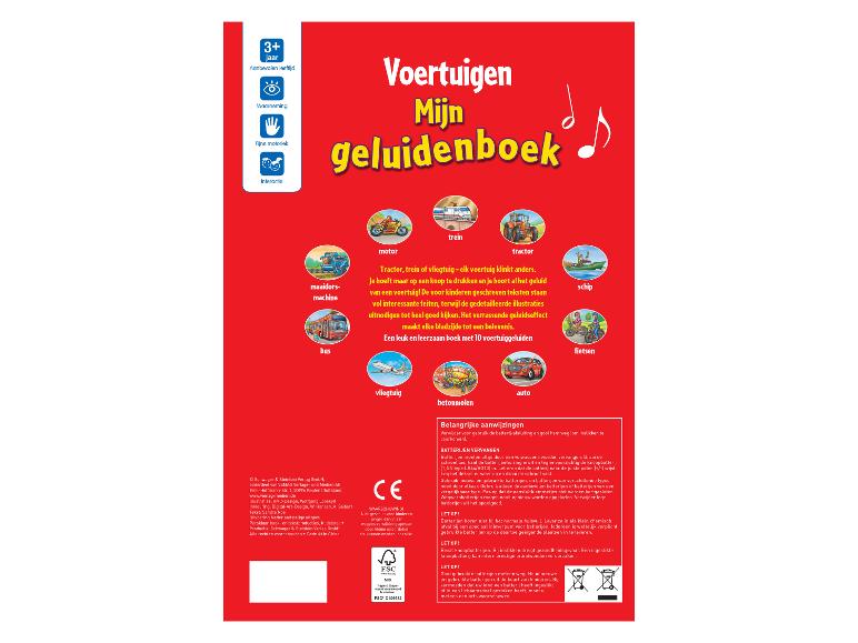 Voertuigen geluidenboek voor kinderen met voertuigillustraties en Dutche tekst.