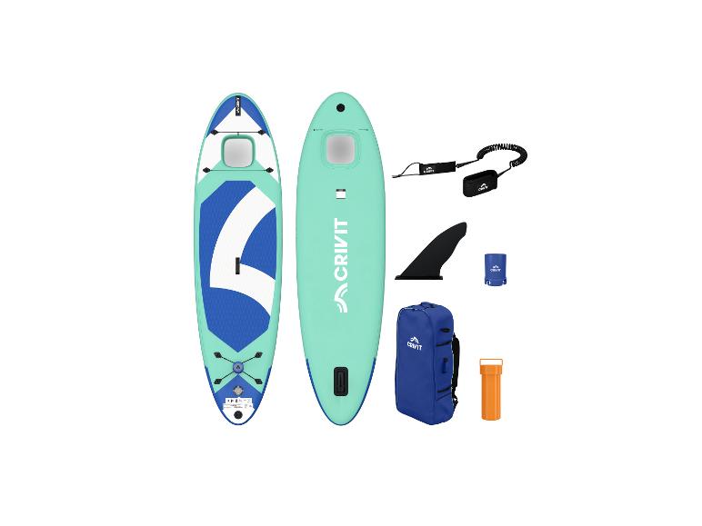 Blauwe en mintgroene SUP-plank met accessoires, inclusief vin, riem, tas en container.