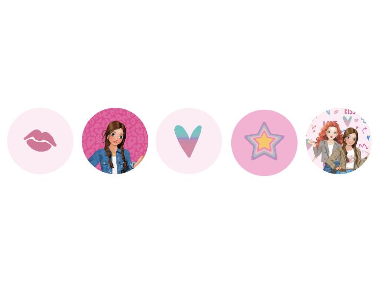 Vijf ronde iconen met lippen, een meisje, een hart, een ster en twee meisjes.