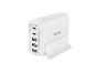 Witte USB-oplader met vijf poorten, waaronder twee USB-C en drie USB-A, met de tekst MAX 30.5W.