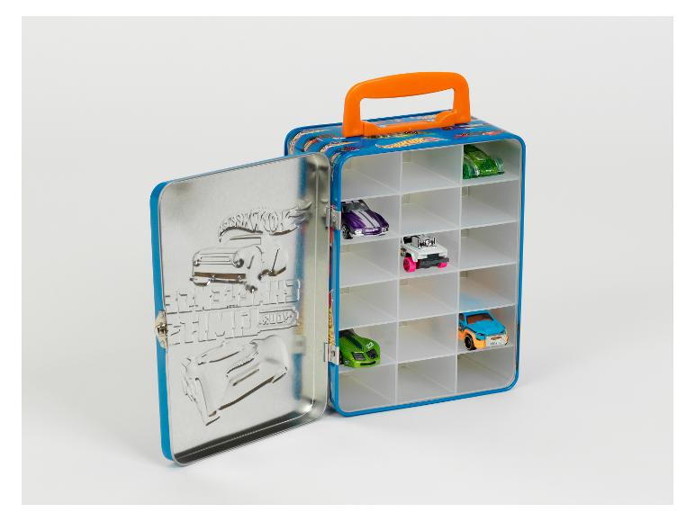 Een open blauwe Hot Wheels metalen koffer met speelgoedauto's erin.