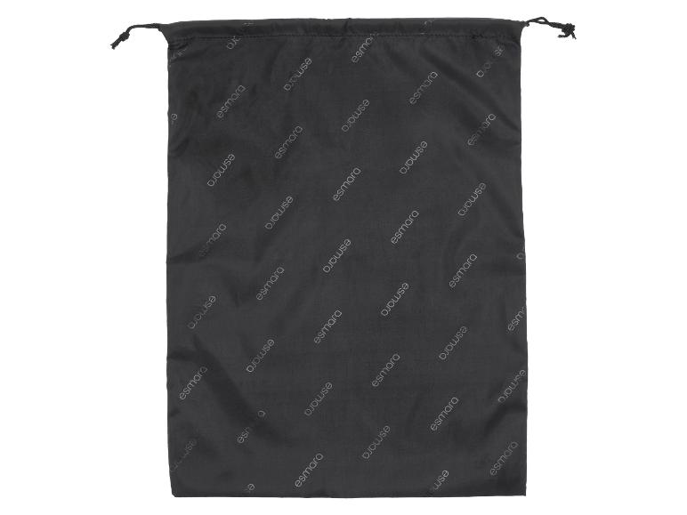 Zwarte trekkoordtas met herhaald 'esmara' logo-patroon
