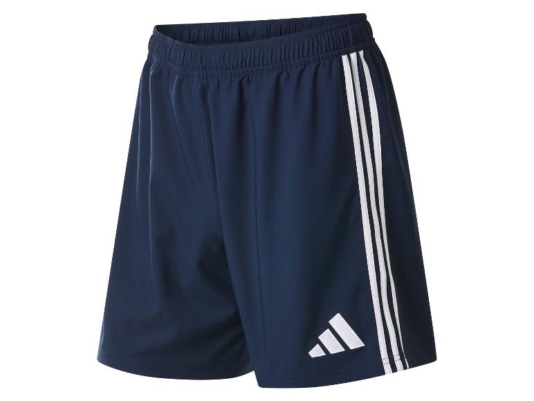 Donkerblauwe sportshorts met drie witte strepen aan de zijkant en logo.