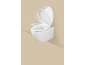 Wandcloset met een openend toiletzitting en deksel tegen een beige achtergrond.