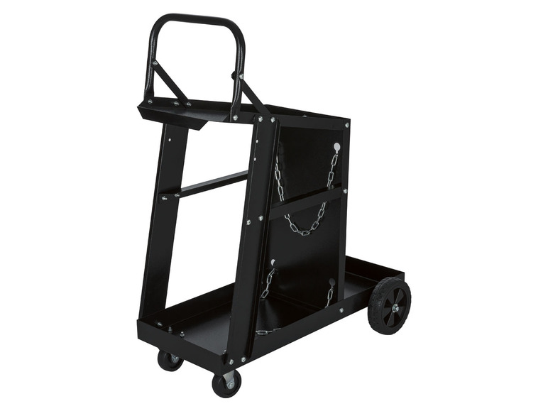 Zwarte laswagen met twee cilinderhouders en een handvat.