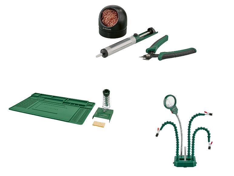 Soldeeraccessoireset inclusief een desoldeerpomp, draadknippers en een helpende handen station.