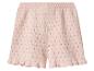 Lichtroze gebreide shorts met opengewerkt patroon en gegolfde zoom.