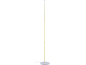 Een witte, slanke, verticale vloerlamp met een helder geel licht.