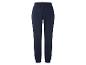 Donkerblauwe joggingbroek met elastische tailleband en boorden bij de enkels.