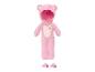 Roze pluche onesie met capuchon en oren, en bijpassende pantoffels.