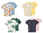Vier sets kinder-T-shirts: dinosaurussen, citroenen, triceratops en aardbeien.