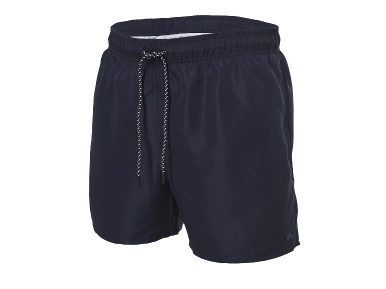 Donkerblauwe heren zwemshort met trekkoord op een witte achtergrond.
