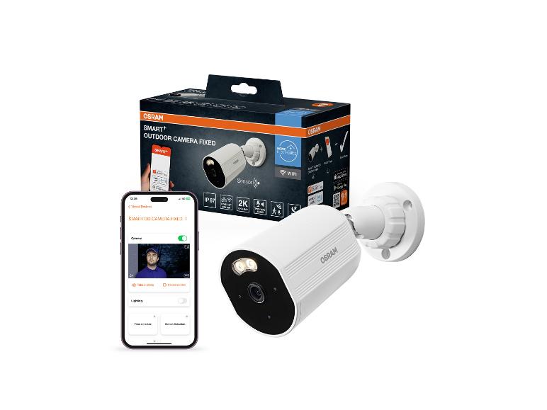 Slimme buitencamera met smartphone-app en verpakking.