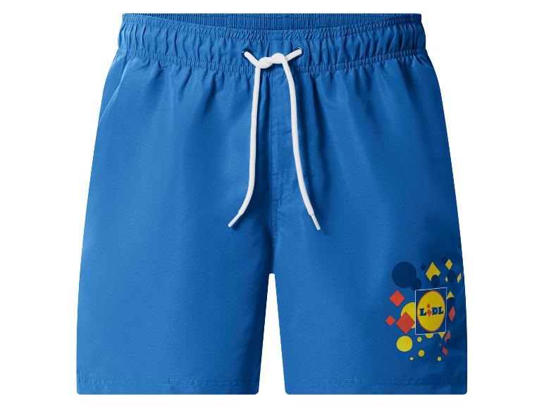 Blauwe zwemshort met elastische taille en kleurrijke geometrische patronen.
