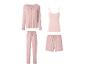 Lichtroze pyjamaset met vest, hemdje, lange broek en korte broek.