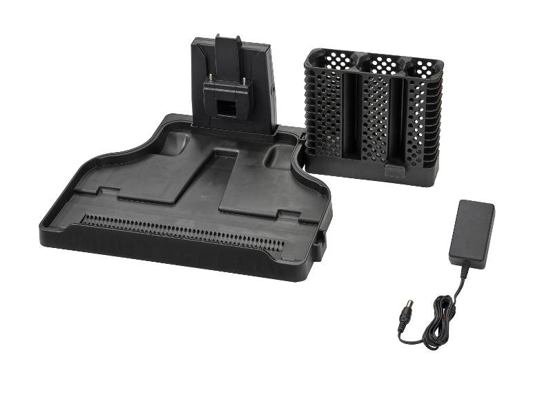 Laadstation, opbergvak voor accessoires en adapter voor robot.