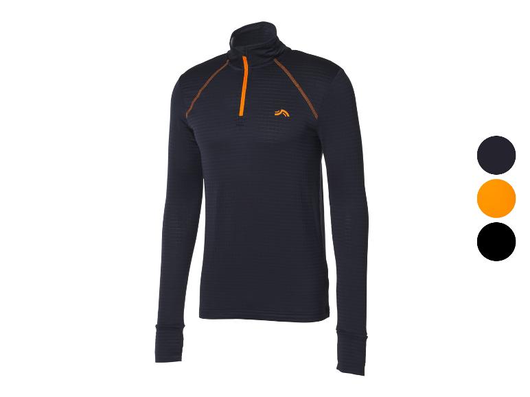 Donkerblauw shirt met lange mouwen met oranje rits en stiksels.