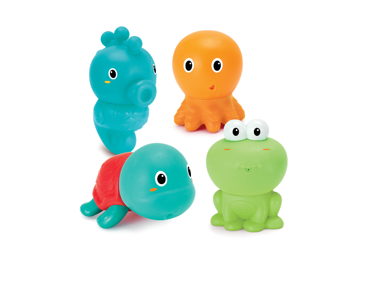 Badspeelgoed: zeepaardje, octopus, schildpad en kikker.